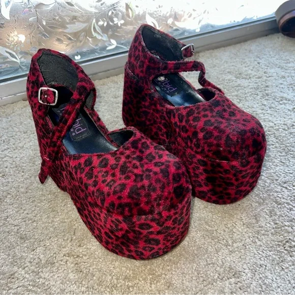 Vintage 90s Platforms-Red Leopard Velvet Morbid Threads Mary Janes 8.5 (*read) - Picture 7 of 16